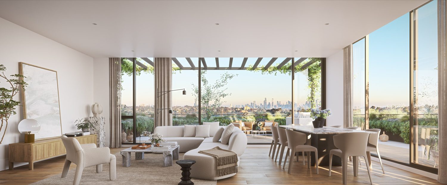 Penthouse living and dining opening to a city-view terrace, artist impression