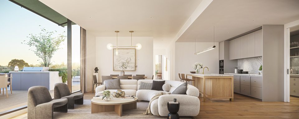 Penthouse open-plan kitchen, living and dining, artist impression