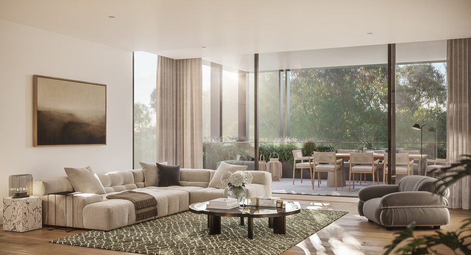 Three-bedroom living opening to a terrace, artist impression